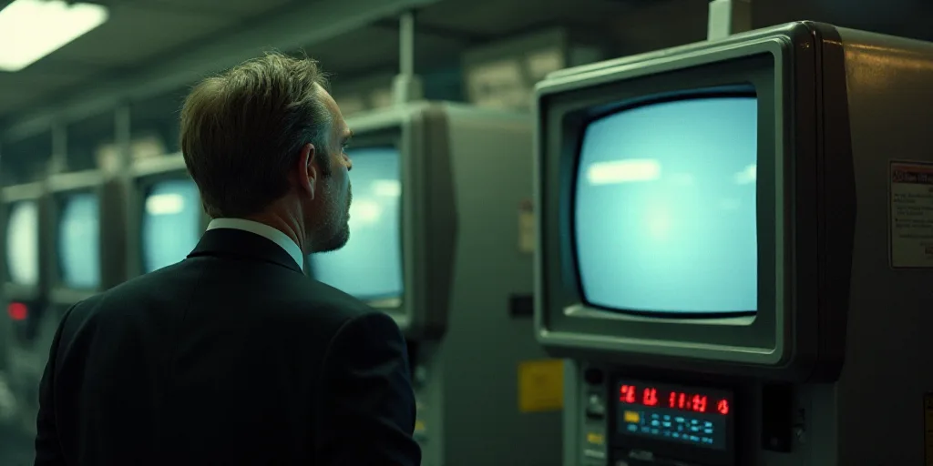 a man in a suit and tie standing in front of a machine with a television screen on it's side, Don Ar