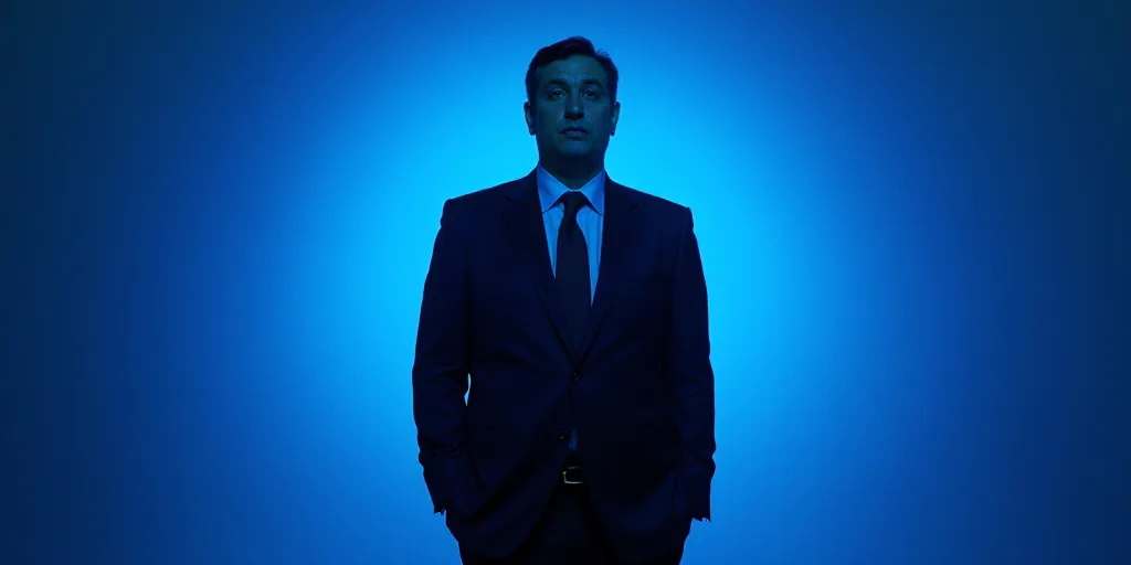 a man in a suit and tie standing in front of a blue background with a caption that reads miguel gonz