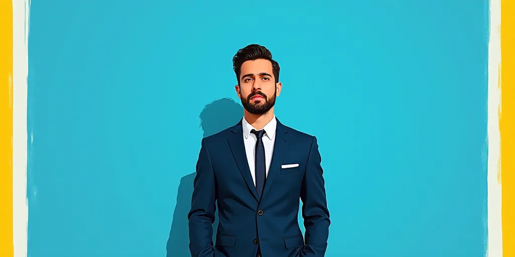 a man in a suit and tie standing in front of a blue background with a white and yellow border, Carlo