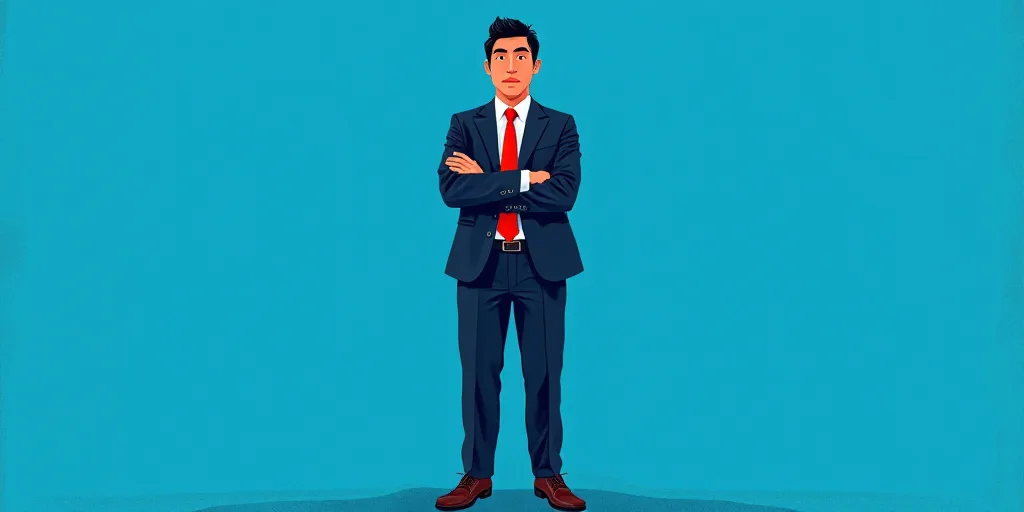 a man in a suit and tie standing with his arms crossed in front of him, with a blue background, Carl