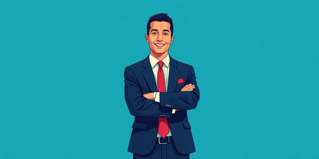 a man in a suit and tie standing with his arms crossed in front of him, with a blue background, Carl