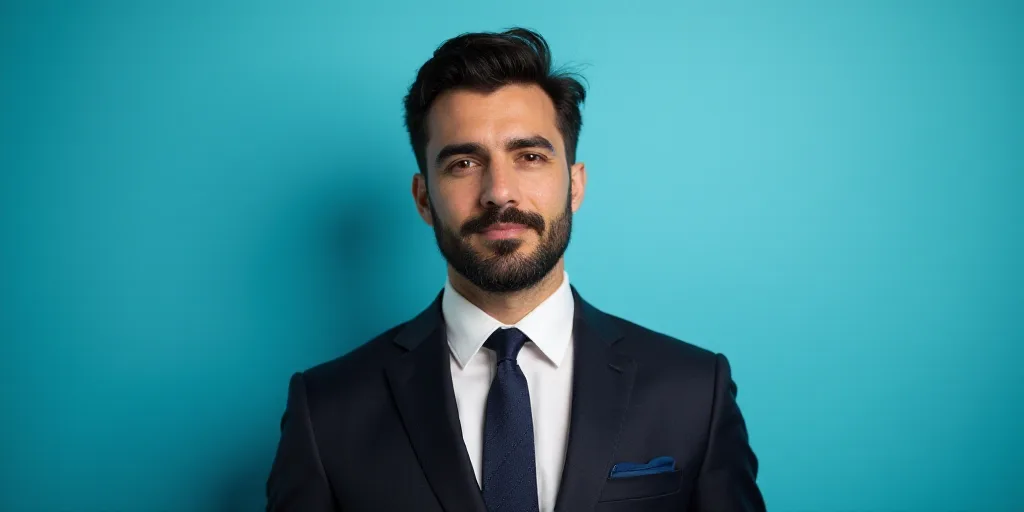 a man in a suit and tie standing in front of a blue background with a black and white photo, Alejand
