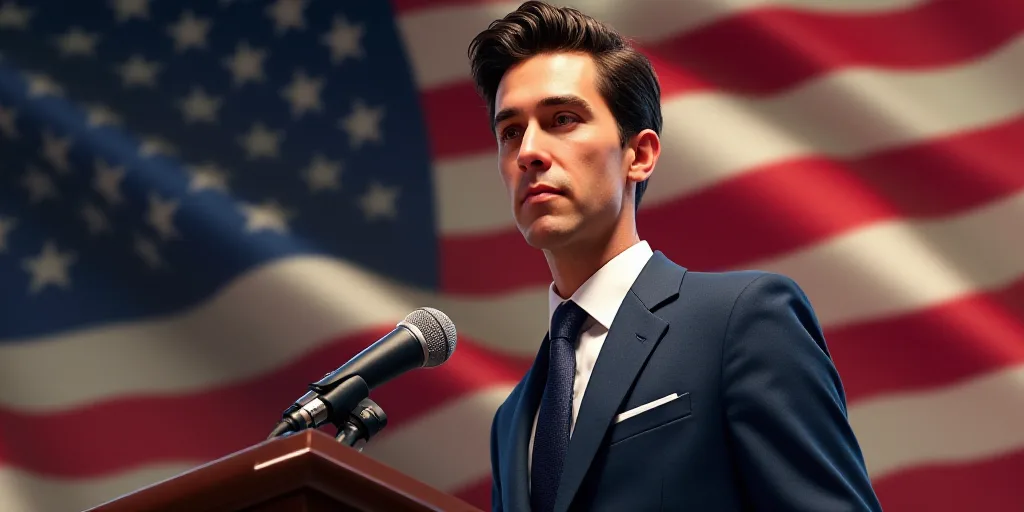 a man in a suit and tie standing in front of a flag and a microphone with a microphone in front of h
