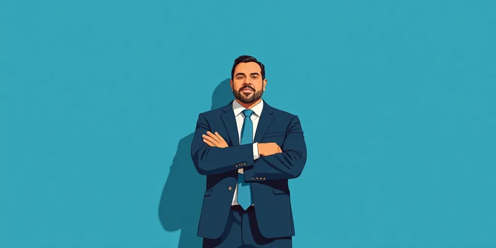 a man in a suit and tie standing with his arms crossed in front of him, with a blue background, Carl