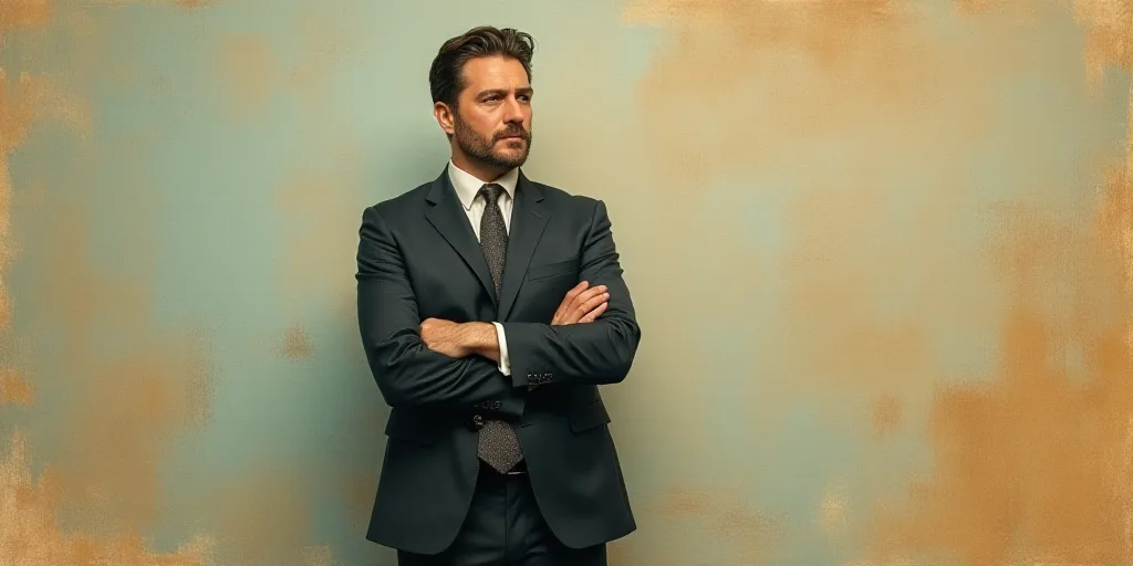 a man in a suit and tie standing with his arms crossed in front of him, with the caption of a photo