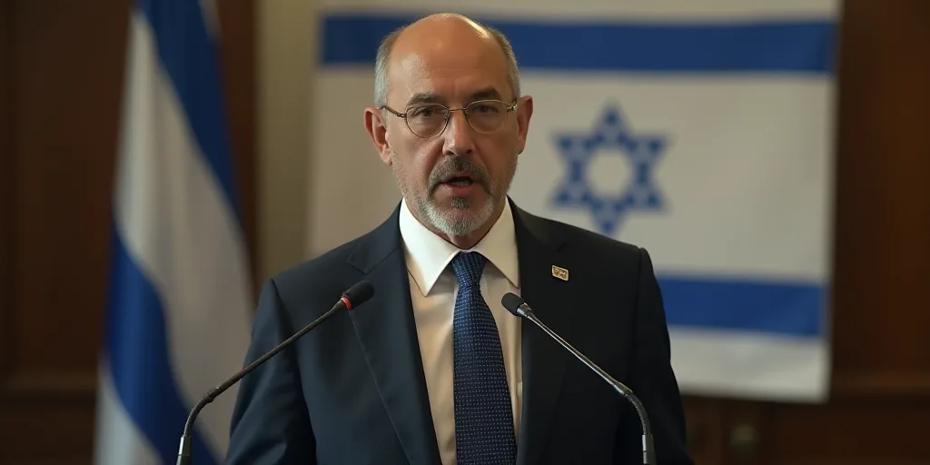 a man in a suit and tie standing in front of a microphone and israeli flag and a sign behind him, Ed