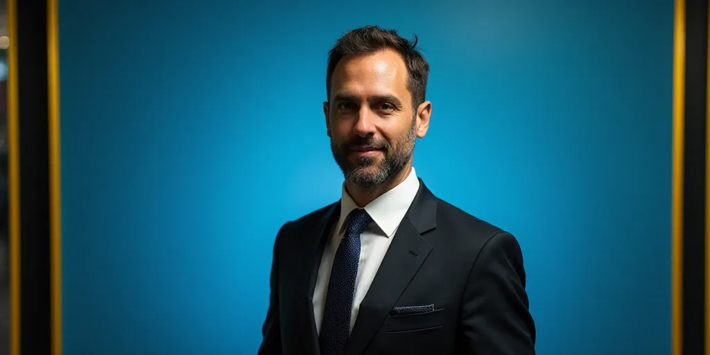 a man in a suit and tie standing in front of a blue background with a black and yellow border, Chris