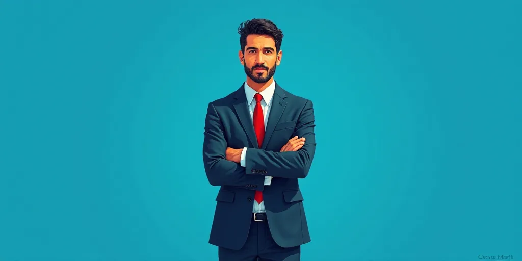 a man in a suit and tie standing with his arms crossed in front of him, with a blue background, Carl