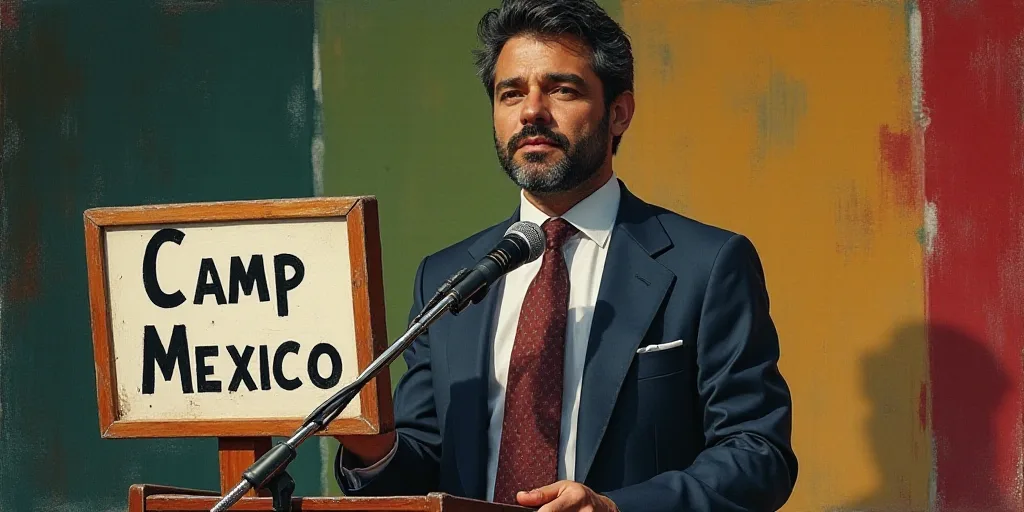 a man in a suit and tie standing in front of a microphone and a sign that says camp mexico, Félix A