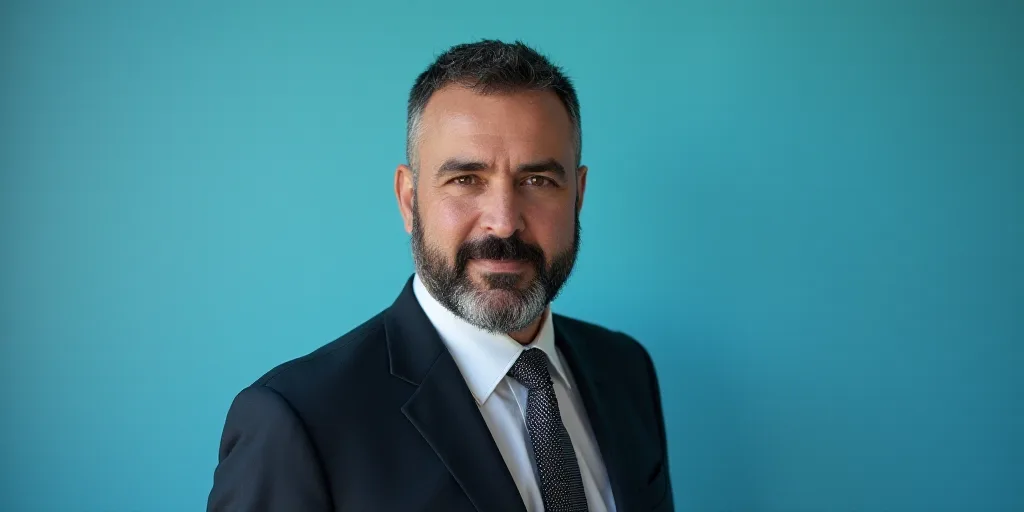 a man in a suit and tie standing in front of a blue background with a black and white photo, Alejand
