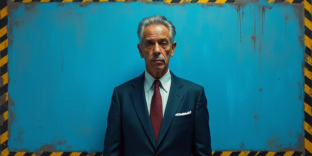 a man in a suit and tie standing in front of a blue background with a black and yellow border, Artur