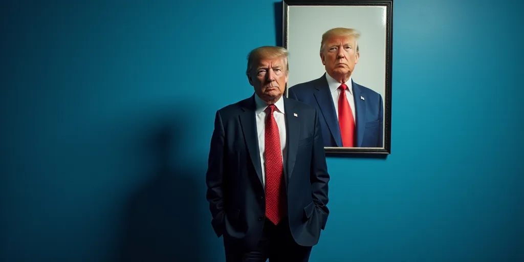 a man in a suit and tie standing in front of a blue wall with a picture of donald trump, Boris Vladi