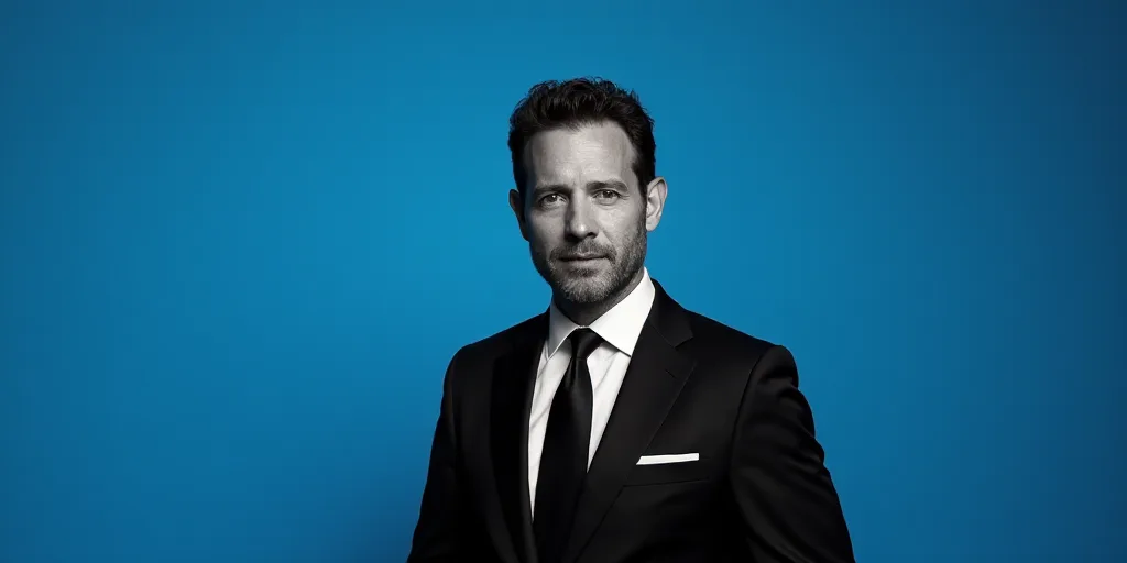 a man in a suit and tie standing in front of a blue background with a black and white photo, David P