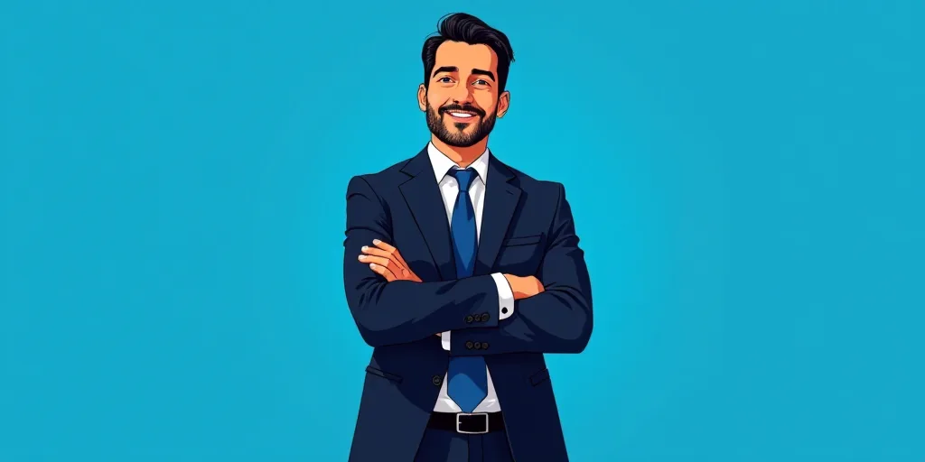 a man in a suit and tie standing with his arms crossed in front of him, with a blue background, Carl