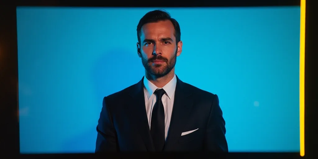 a man in a suit and tie standing in front of a blue background with a black and yellow border, Eduar