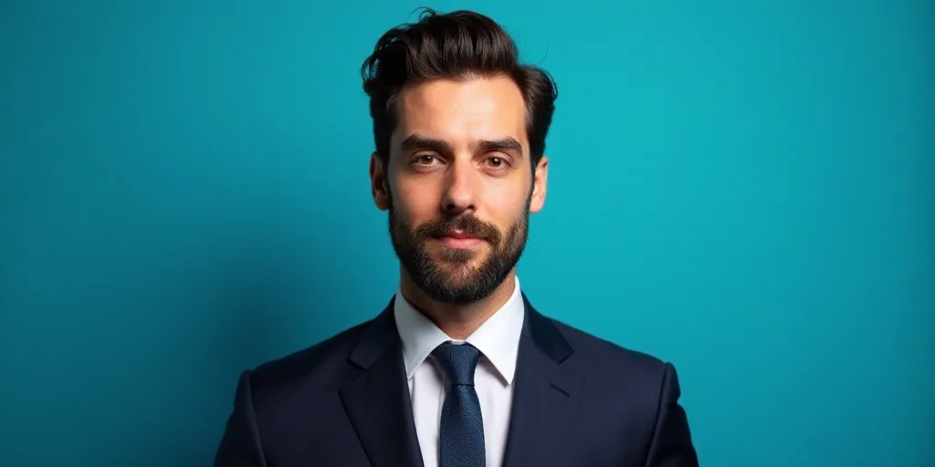a man in a suit and tie standing in front of a blue background with a caption that reads demeterio s