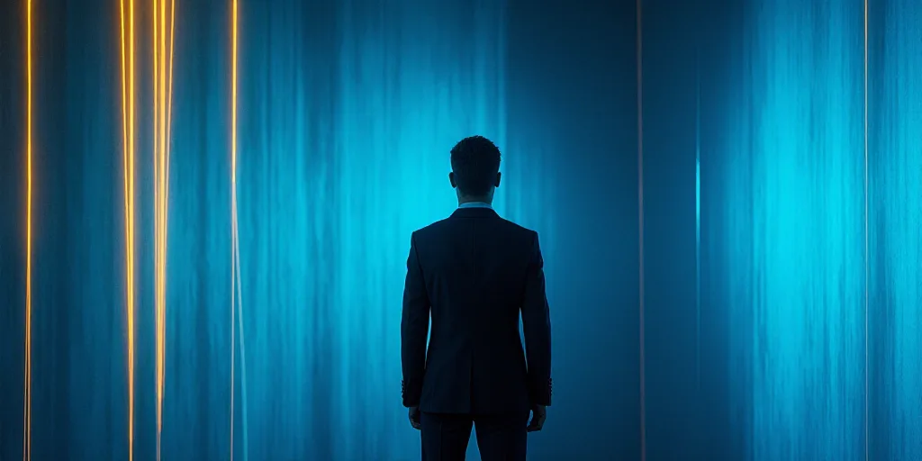 a man in a suit and tie standing in front of a blue background with a black and yellow border, Eduar