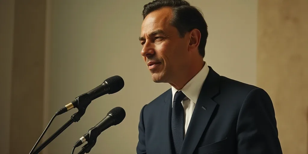 a man in a suit and tie standing in front of a microphone with a microphone in front of him, Carlos