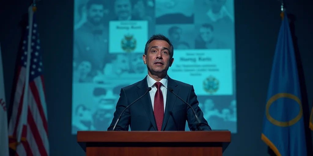 a man in a suit and tie standing at a podium with a microphone in front of him and a banner behind h
