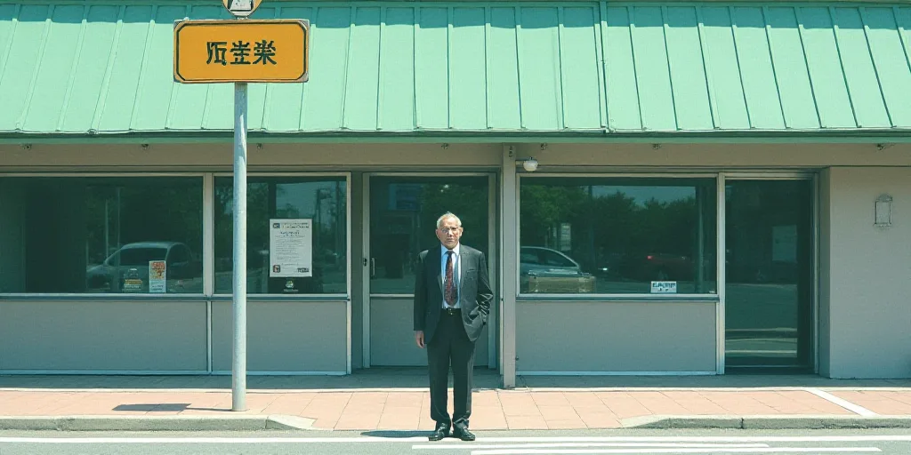 a man in a suit and tie standing next to a street sign in front of a building with a green roof, Awa
