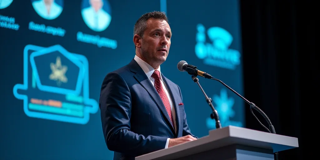a man in a suit and tie standing at a podium with a microphone in front of him and a banner behind h