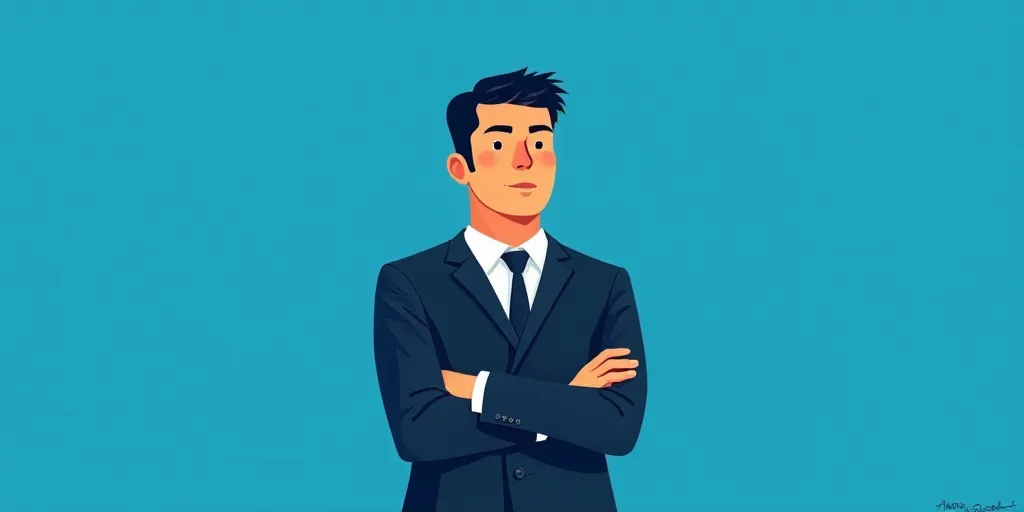 a man in a suit and tie standing with his arms crossed in front of him, with a blue background, Carl