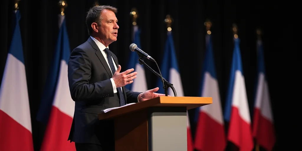 a man in a suit and tie standing at a podium with flags behind him and a microphone in front of him,