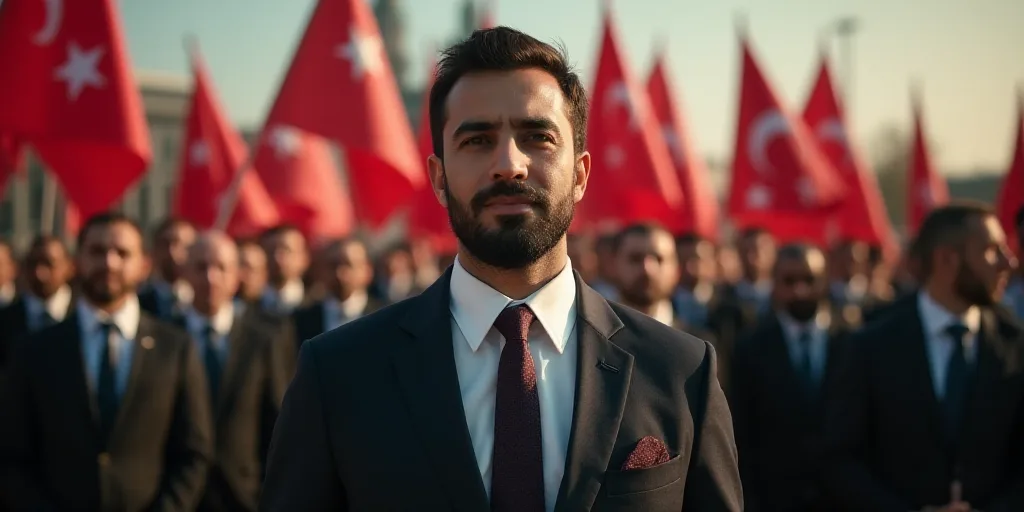 a man in a suit and tie standing in front of a crowd of people with flags in the background, Altoon