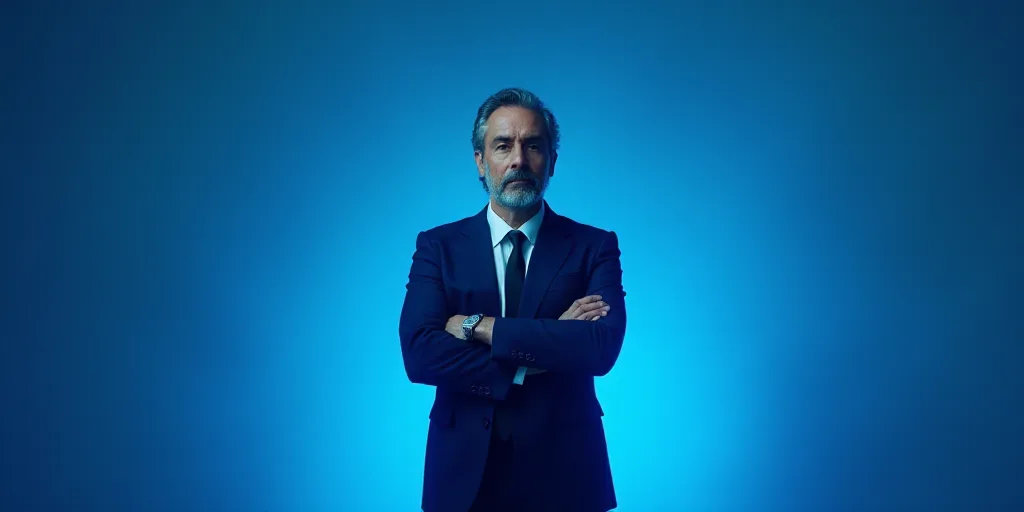 a man in a suit and tie standing with his arms crossed in front of him with a blue background, Estua