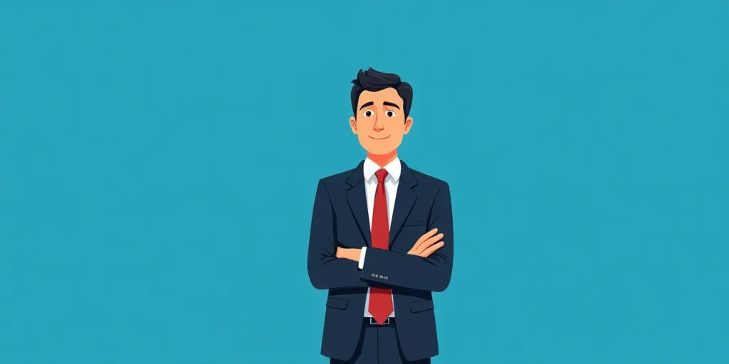 a man in a suit and tie standing with his arms crossed in front of him, with a blue background, Carl