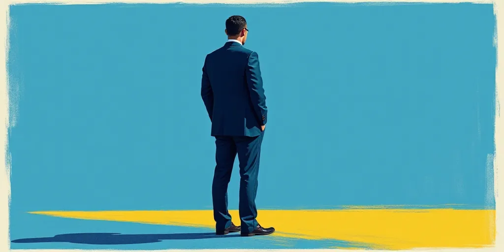a man in a suit and tie standing in front of a blue background with a white and yellow border, Carlo