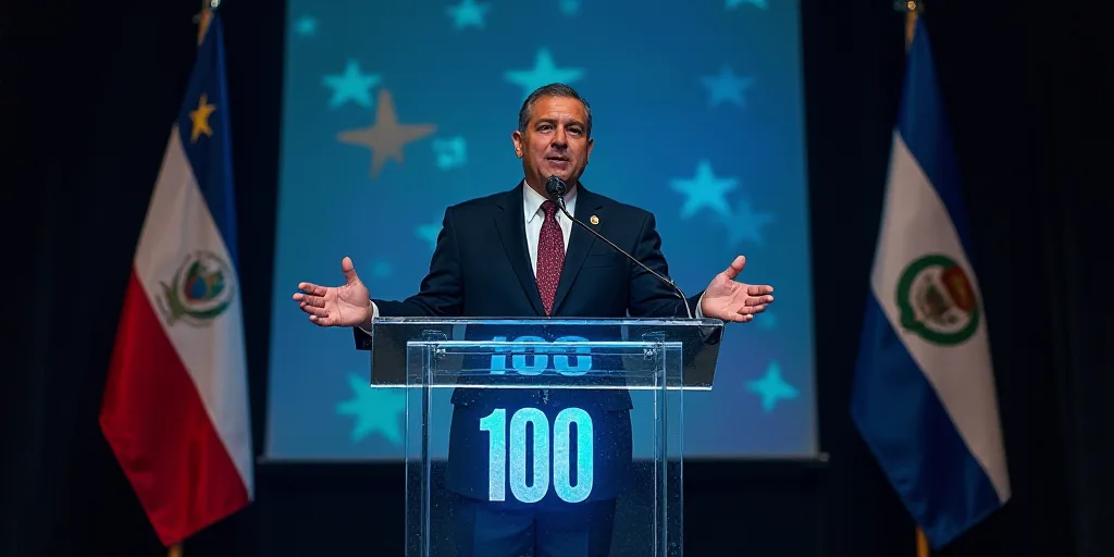 a man in a suit and tie standing at a podium with a flag behind him and a sign that says 100, Carlos