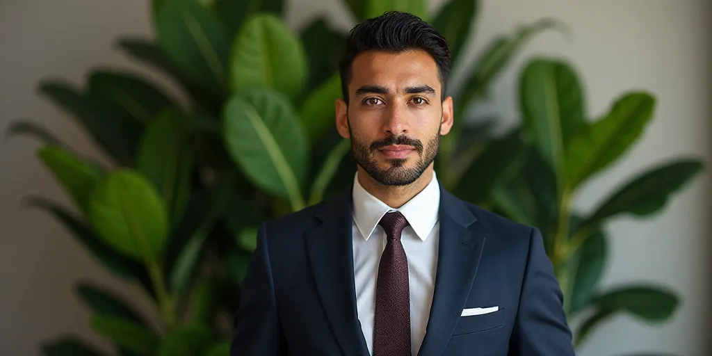 a man in a suit and tie standing in front of a plant with leaves on it and a plant behind him, Carlo