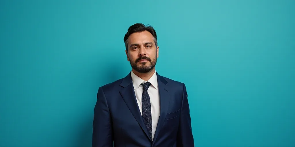 a man in a suit and tie standing in front of a blue background with a black and white photo, Alejand