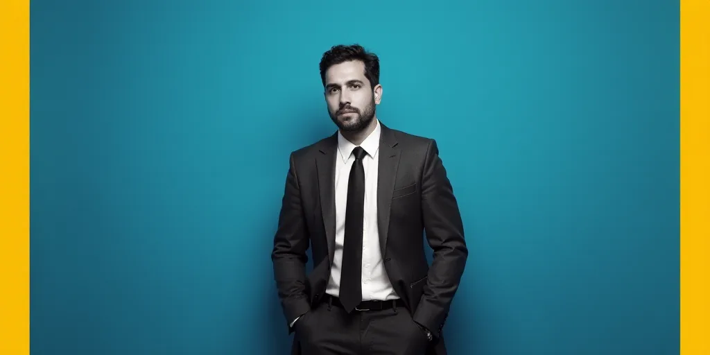 a man in a suit and tie standing in front of a blue background with a yellow border and a black and