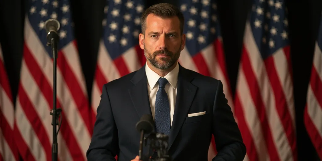 a man in a suit and tie standing in front of american flags and flags behind him is a microphone, Bo