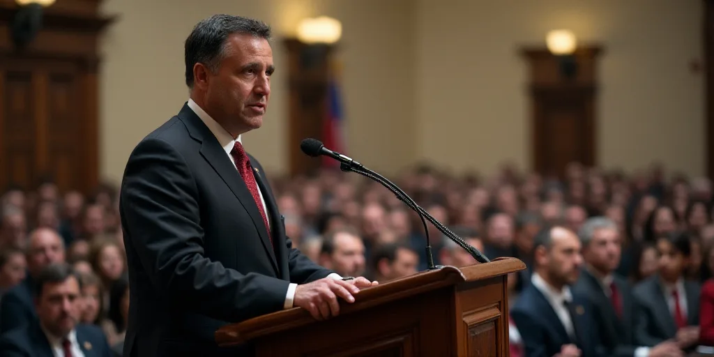 a man in a suit and tie standing at a podium with a microphone in front of him and a crowd of people