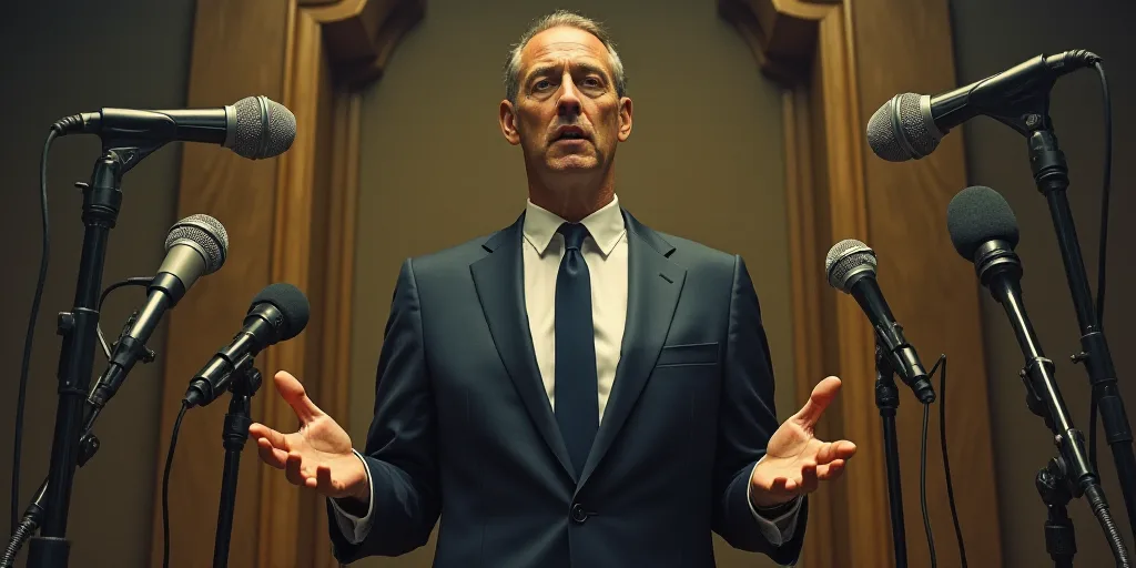 a man in a suit and tie standing in front of microphones and microphones with his hands out, Donald