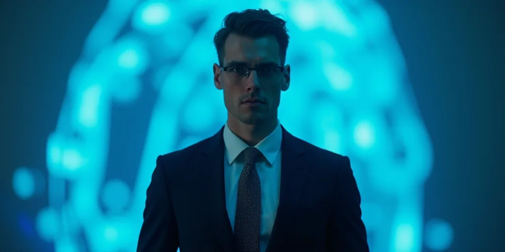 a man in a suit and tie standing in front of a blue background with a black and white photo, Edward