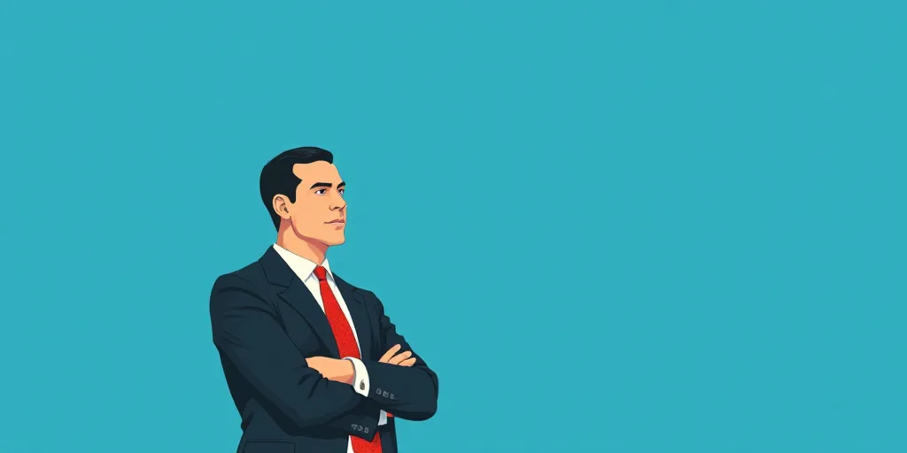 a man in a suit and tie standing with his arms crossed in front of him, with a blue background, Carl