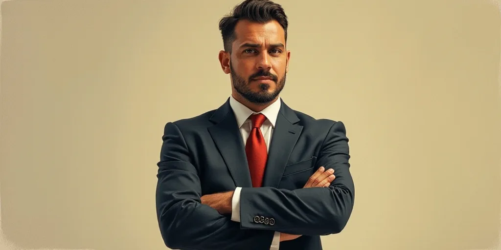 a man in a suit and tie standing with his arms crossed in front of him, with the caption of a photo