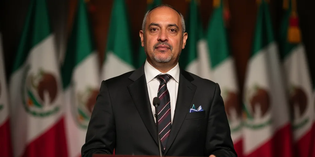 a man in a suit and tie standing in front of a microphone and flags of the state of mexico, Farid Ma