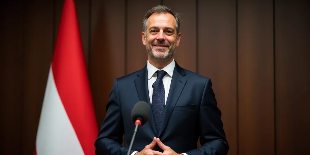 a man in a suit and tie standing in front of a flag and a microphone with his hands folded, Boleslaw