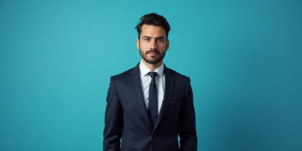 a man in a suit and tie standing in front of a blue background with a black and white photo, Alejand