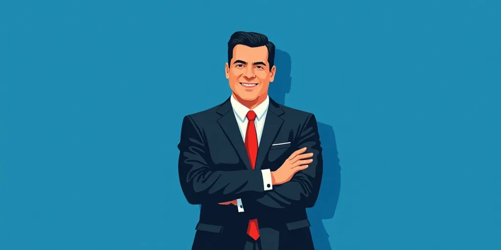 a man in a suit and tie standing with his arms crossed in front of him, with a blue background, Carl