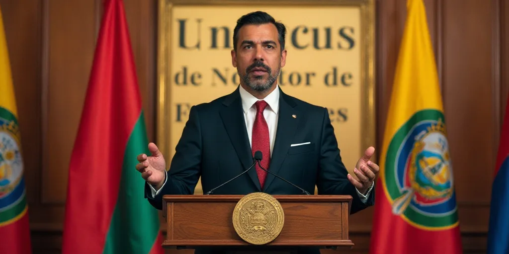 a man in a suit and tie standing at a podium with a flag behind him and a sign behind him, Federico