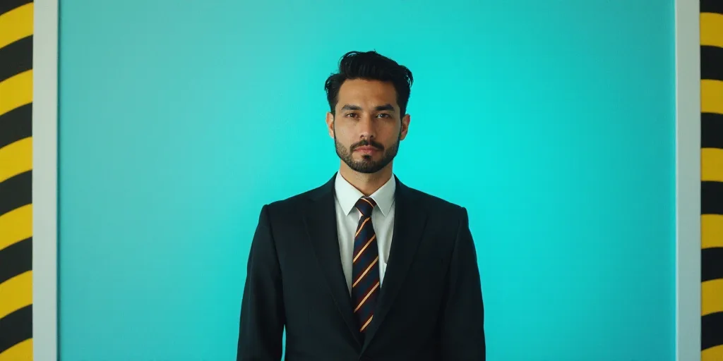 a man in a suit and tie standing in front of a blue background with a black and yellow border, Carlo