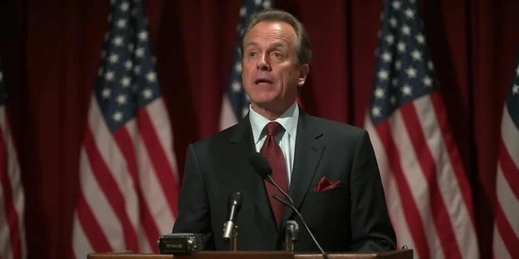 a man in a suit and tie standing in front of american flags and microphones in a room with a podium,