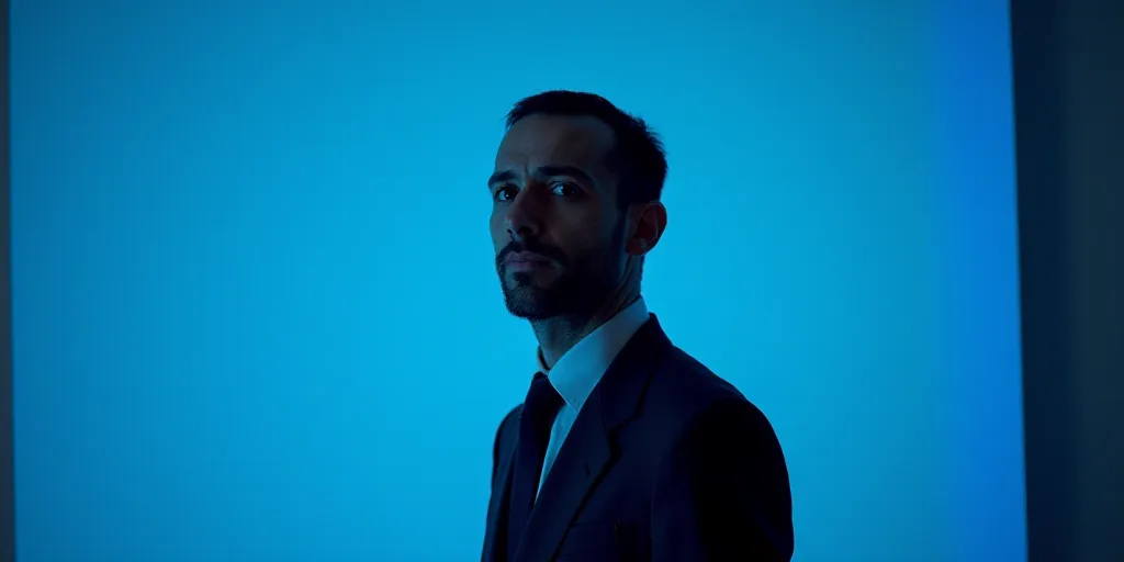 a man in a suit and tie standing in front of a blue background with the words antonio ai showbiz, An
