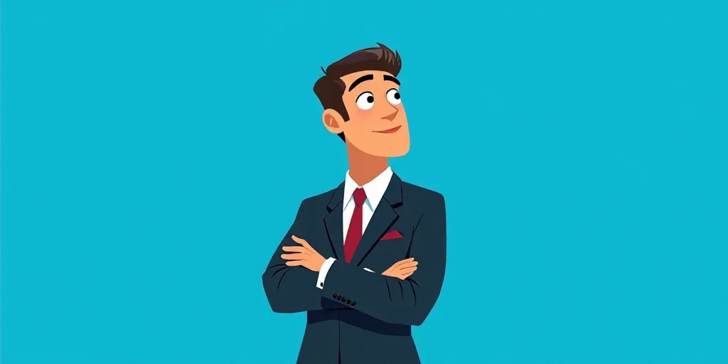 a man in a suit and tie standing with his arms crossed in front of him, with a blue background, Carl